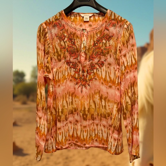 Sundance NWOT Size PL Pretty Orange & Brown Semi-Sheer Long Sleeve Blouse (0635) - Picture 2 of 14